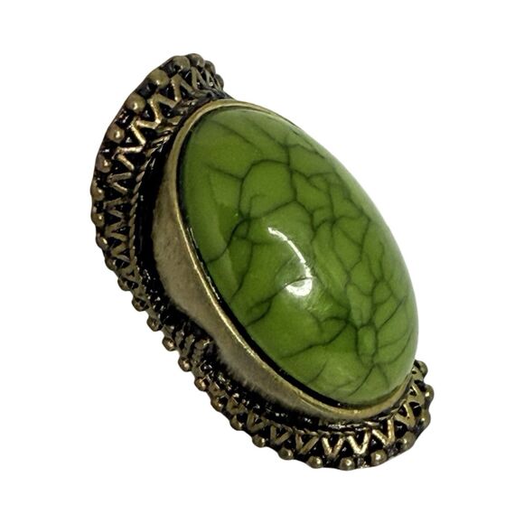 Green Glass Full Finger Brass Ring 6.5 Bohemian Ethnic Boho Chic - Picture 7 of 16